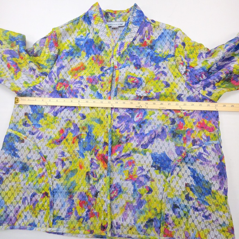Caroline Rose Floral Textured Open Front Jacket Women L Multi Color Sheer Poly - Picture 6 of 8